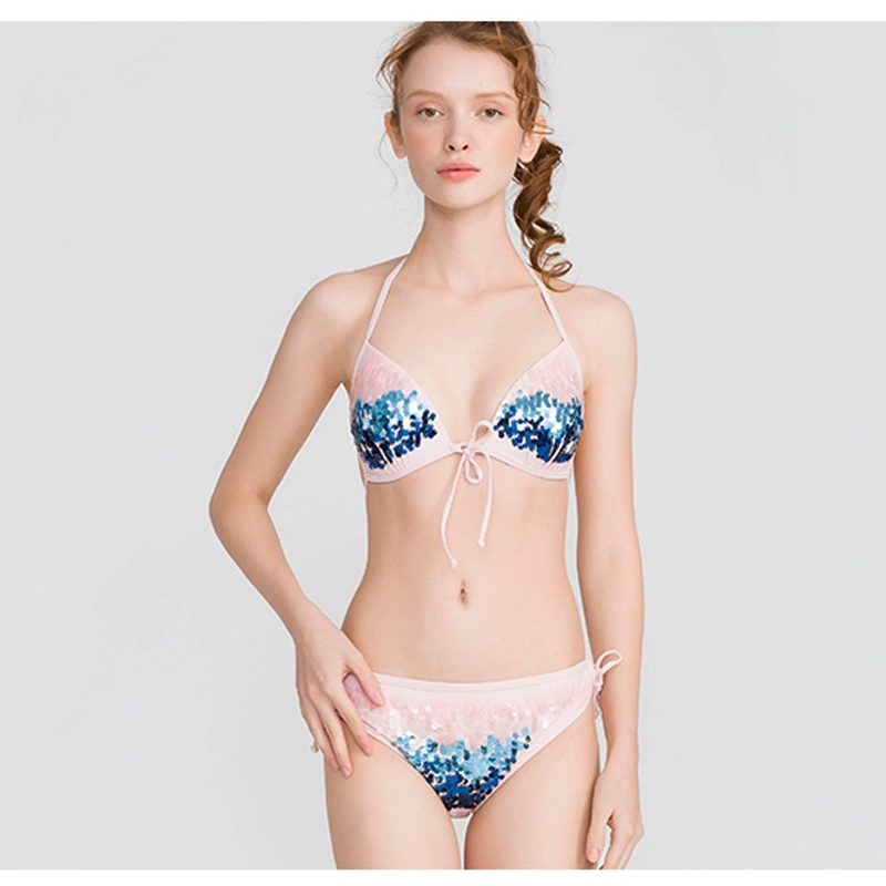 Imis yêu vẻ đẹp LI mới tam giác bikini áo tắm nữ màu hồng nhạt tinh tế làm bằng tay sequin khuôn cốc kích thước ngực tập hợp - Bikinis