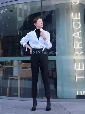 deebydwang winter new sheepskin leather waist wool nine-point trousers mid-seam pressure line high waist thin