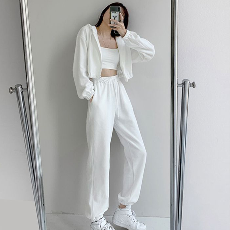 White sports and leisure sweater suit women's spring and autumn clothes 2021 new trendy loose slim trousers two-piece set