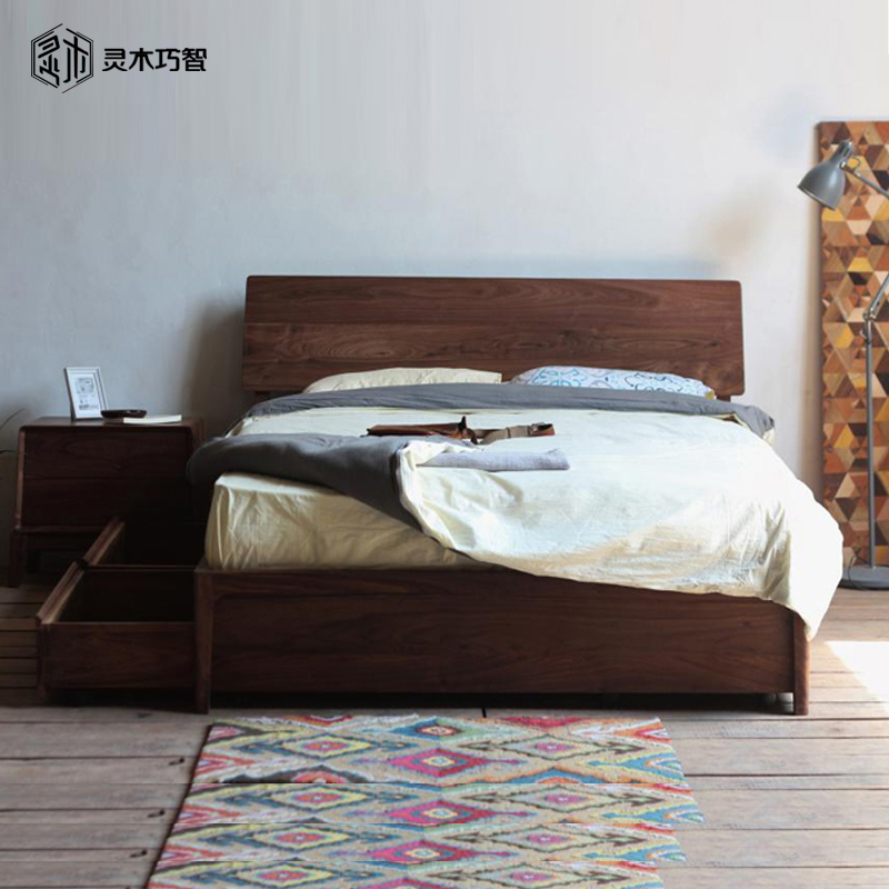 Nordic Solid Wood Bed North American Black Walnuts Wood Bed Brief Oak Wood Drawers Storage Bed Day Log Furniture Set 