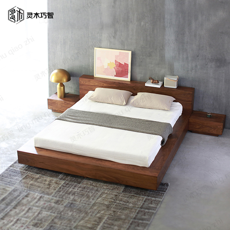 Nordic white oak floor-to-ceiling tatami low bed custom-made modern minimalist black walnut bed solid wood 1 8 double bed