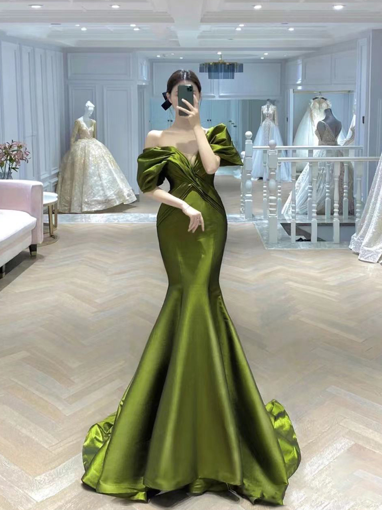 Green satin evening gown 2023 lined Shoulder Fish Tail for Atmospheric Dinner Party the Annual Meeting of the Performance Long Dresses-Taobao