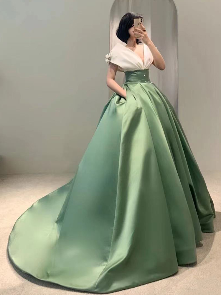 Green satin wedding dress 2023 noble temperament shoulder bride wedding stage performances in Caupon Pongo skirt
