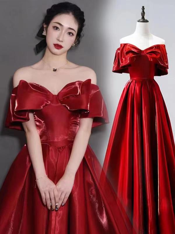 Lined with a shoulder toast 2022 Jane approx. Bright Red Bridal Bride Wedding Dresses Dinner Satin Evening Gown