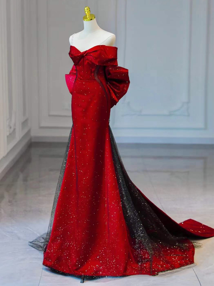 Red evening dress for bride, design wedding dress with bow, long skirt, open shoulders,  Red evening dress for bride, design wedding dress with bow, long skirt, open shoulders,