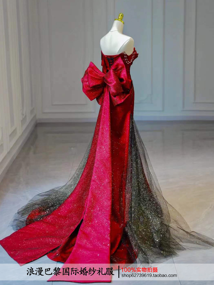 Red evening dress for bride, design wedding dress with bow, long skirt, open shoulders,  Red evening dress for bride, design wedding dress with bow, long skirt, open shoulders,