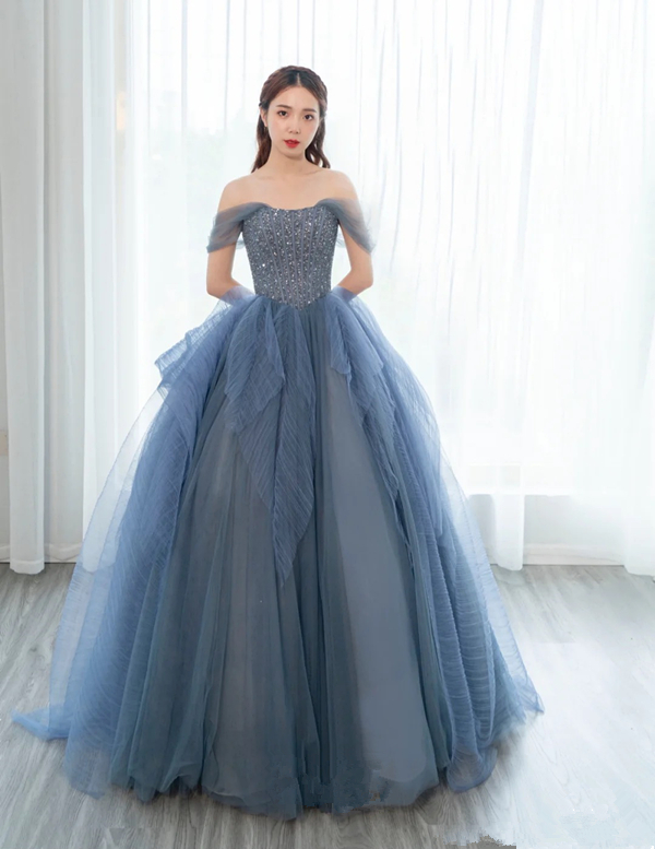 Gray blue one-shoulder wedding dress bride noble atmosphere evening tutu skirt lead singer stage slim evening dress