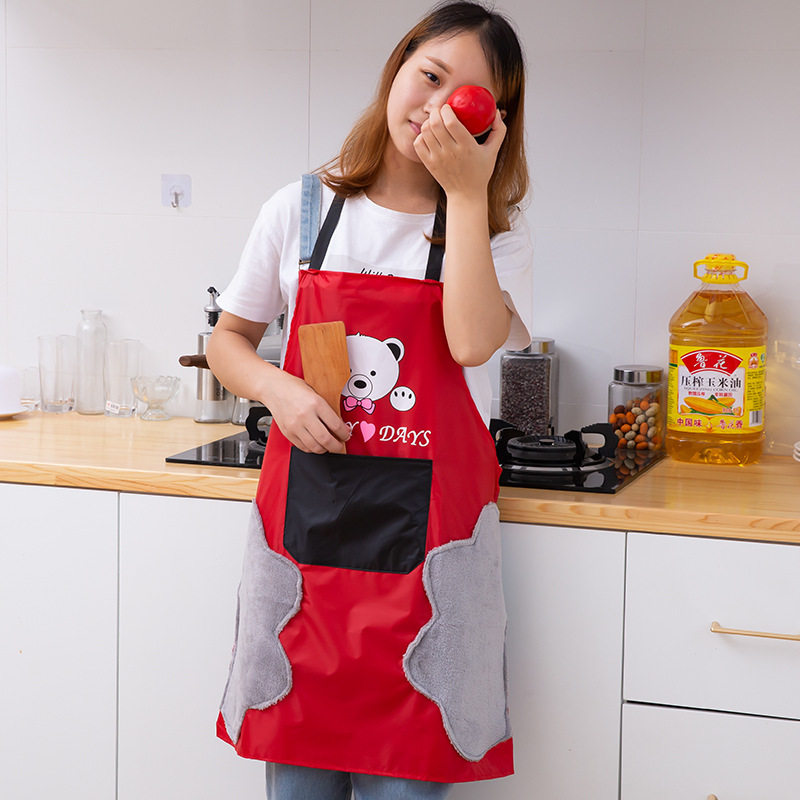 Bear cartoon hand wipe apron Household kitchen waterproof and oil proof fashion men and women Korean adult cover apron