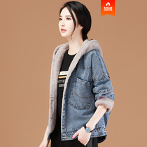 Korean trendy plus velvet denim jacket female Korean version loose 2022 winter new hooded embroidery thickened baseball uniform