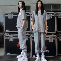 Star Zhao Ruth Shen Mengchen Tongan Clothing Loose Striped Blouse Summer Short Sleeve T-shirt Sports Casual Suit Woman