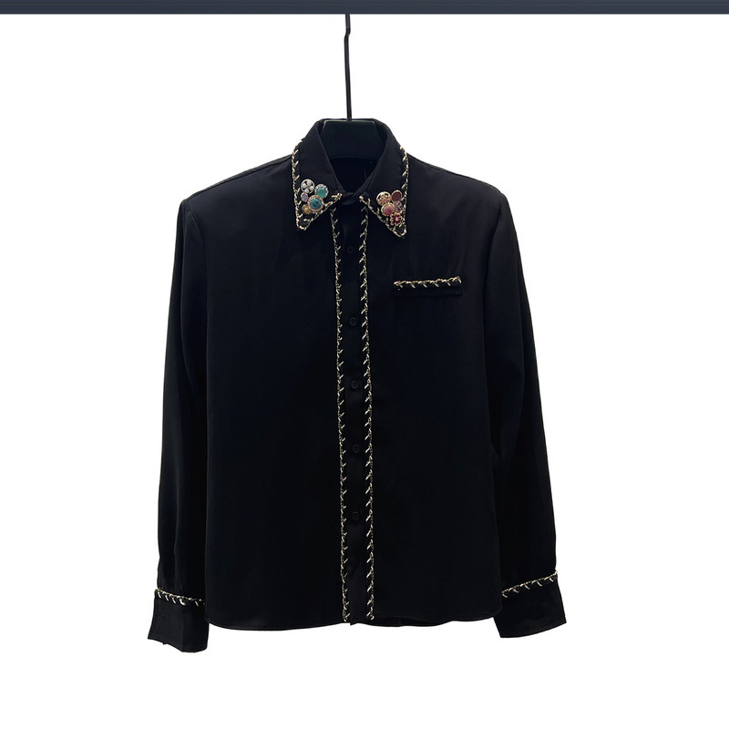 Trendy Brand High-End Style Piping Design Loose Shoulder Pad Shirt for Men, Summer and Autumn, Chanel-Style Gemstone Embellished Long-Sleeve Shirt