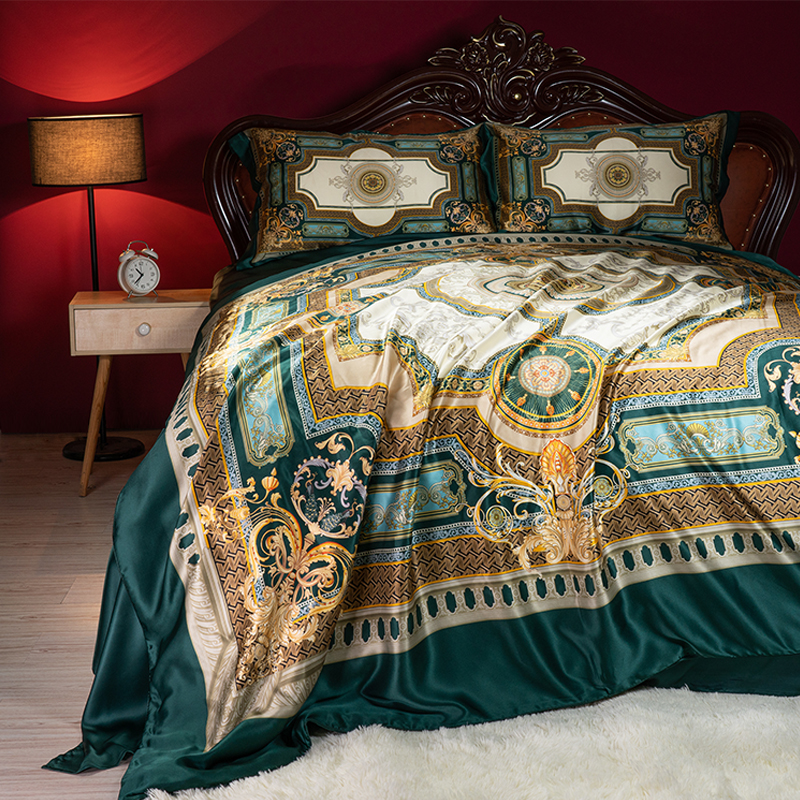 European-style printed silk four-piece set 100% mulberry silk double-sided silk set silk sheets quilt cover bedding