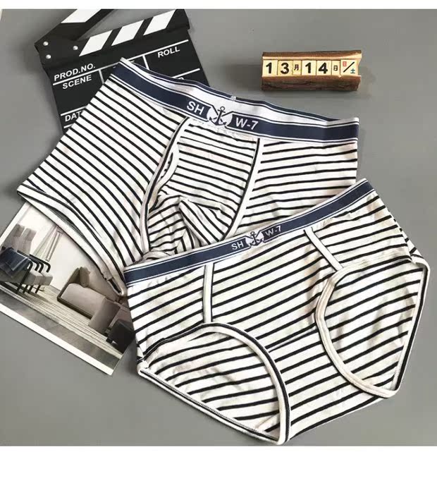 Sáng tạo cá tính cặp đôi đồ lót Phong cách hải quân pinstripe gợi cảm cám dỗ nam võ sĩ nữ tam giác nam và nữ thiết lập đồ lót quần lọt khe
