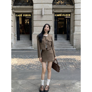 Mulvan brown retro short small fragrance wool jacket for women autumn and winter wool herringbone casual wool suit