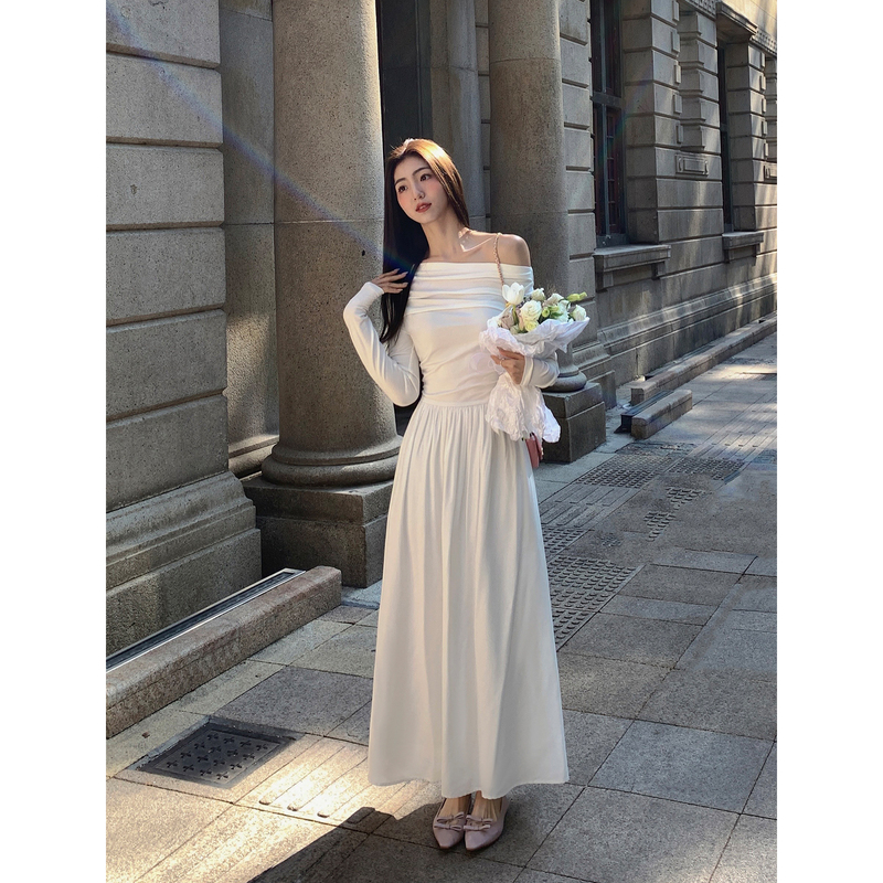 Mulvan French-Style White Off-Shoulder Knit Dress for Women, Elegant Long-Sleeve, Off-Shoulder, Waist-Cinching A-Line Long Dress