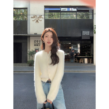 MULVAN软糯仿貂毛开衫毛衣女冬季复古圆领百搭短款针织衫上衣