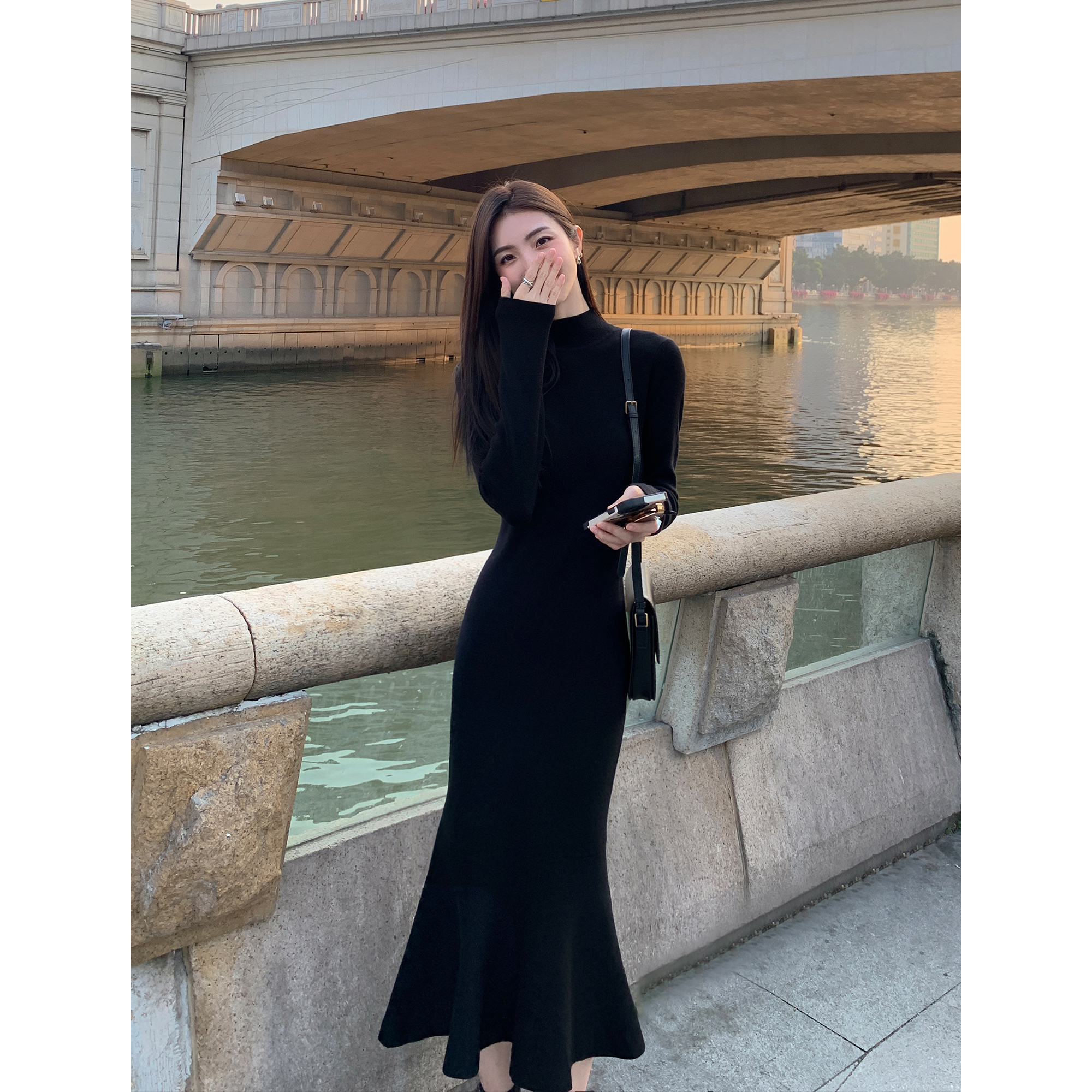 MULVAN knit dress dress woman 2023 autumn winter temperamental fish tail skirt half high collar with slim skirt length money-Taobao