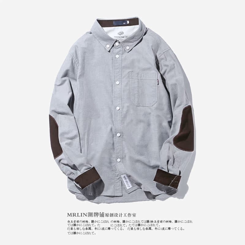 MRLIN男装 春装新款牛津纺衬衫复古灯芯绒补丁拼接男士长袖衬衣潮