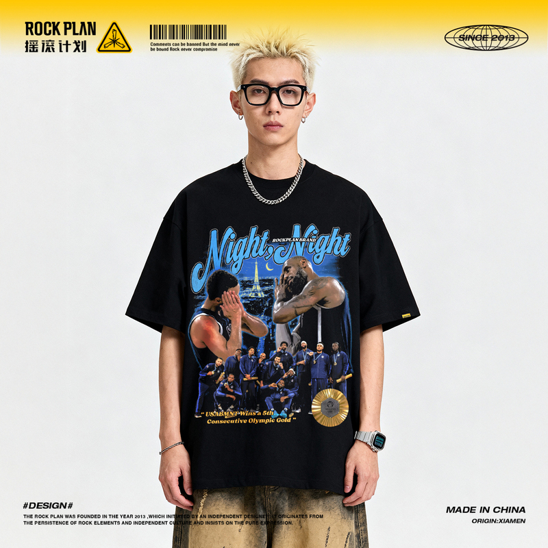 Rock Project Paris Sports Short-Sleeve Basketball Star Curry James Good Night Print T-Shirt Trendy Men's Vintage Rock Project Paris Sports Short-Sleeve Basketball Star Curry James Good Night Print T-Shirt Trendy Men's Vintage