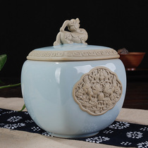 East tea west pot large size ceramic storage tea pot Black tea sealed Chinese official kiln relief unicorn Celadon tea pot large size