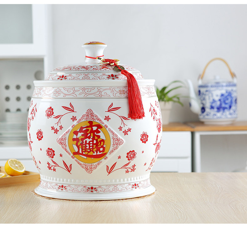 Insect oil cylinder barrel ceramic ricer box meter box storage tank flour 20 jins of jingdezhen 10 kg30 to household with cover