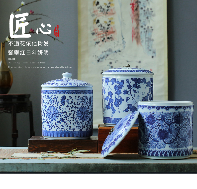 Barrel ricer box home furnishing articles large blue and white porcelain is jingdezhen ceramics caddy fixings' s seven cake store POTS