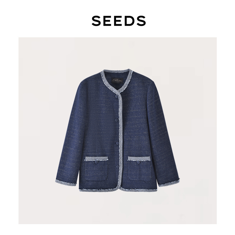 【Carmel】Seeds Italian Faisa Denim Floral Fabric Color-Blocked Round-Neck Chanel-Style Jacket