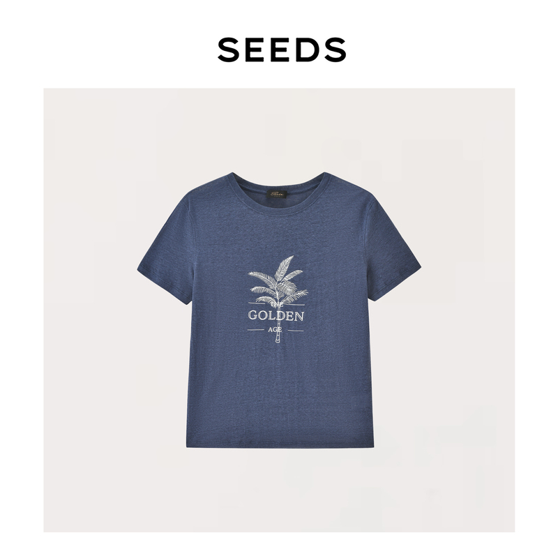 【Coconut Tree T】Seeds French 100% Rain Dew Linen Cool and Breathable Bc Old Money Vintage Print Crew Neck T-Shirt