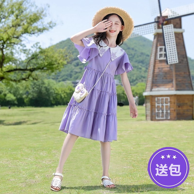 Girls' cotton dress Xiayang style little girl princess skirt fashionable middle-aged children's waist solid color skirt small clear