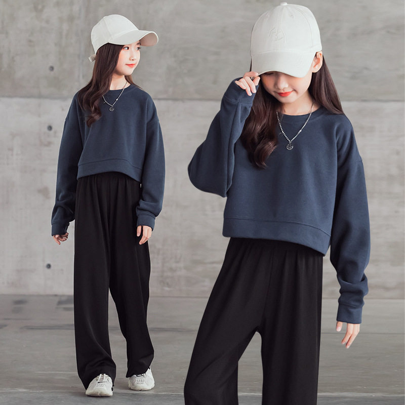 Big girl loose casual suit navy blue Western style was thin and fat girl sweater straight pants two-piece set 11 years old