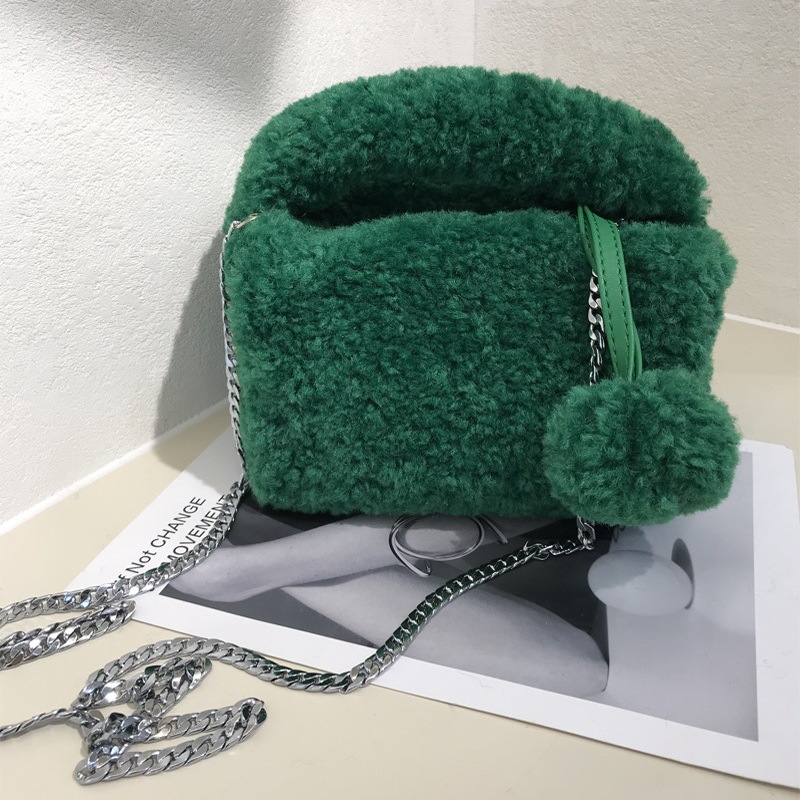 Clearance Sale at a Loss: Winter Furry Puffer Bag for Women, High-End Plush Ball Chain Boston Pillow Bag