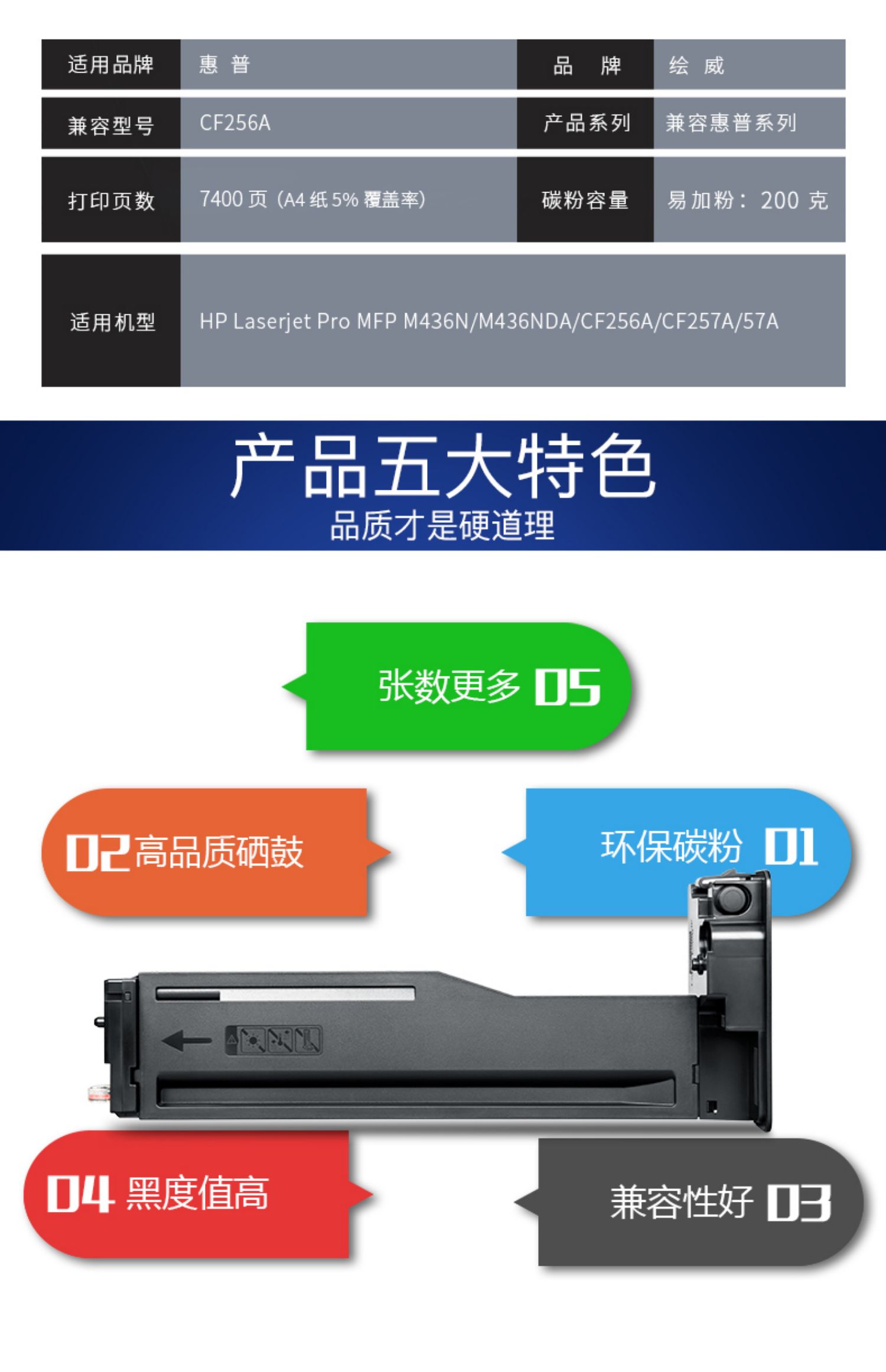 Được sơn tương thích với hộp mực HP CF256A Hộp mực LaserJet MFP M436n M436n M433a Hộp mực máy kỹ thuật số hỗn hợp Hộp mực HP56A 56X Hộp mực máy in M435n - Hộp mực