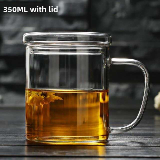 Thickened heat-resistant glass cup, transparent water cup with lid, tea cup, home breakfast cup, tea cup, office cup with handle cup