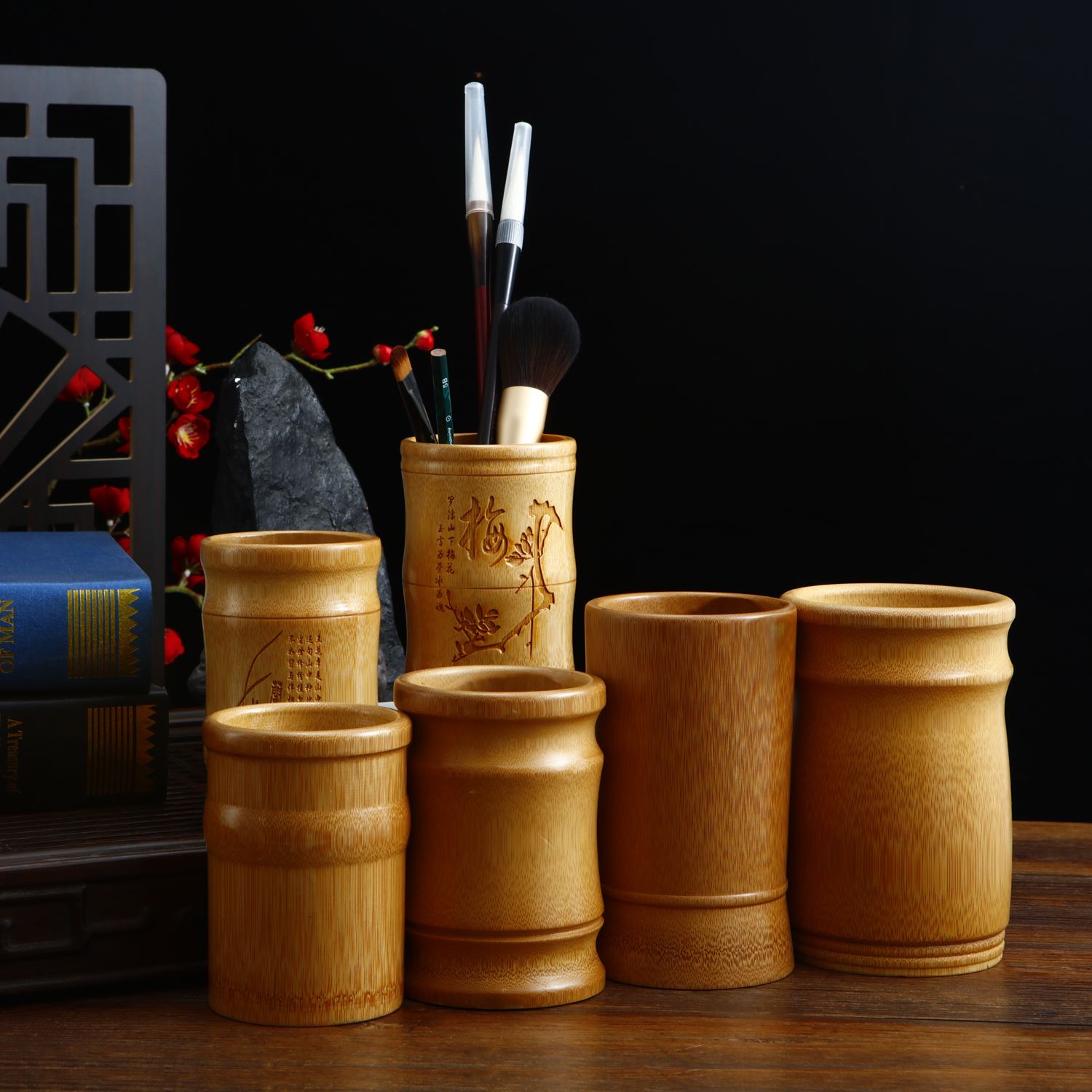 Natural Bamboo Wood Pen Holder Multifunction Retro Round Pen Barrel China Wind Office Wenfang Four Treasure Swing Piece Containing Box-Taobao