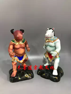 木雕牛頭馬面樟木漆線雕精品手工牛頭將軍馬頭將軍25釐米