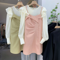 Lotus leaf side folds one-piece dress suit woman 2022 spring new long sleeve shirt harness two sets of skirt children