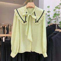 Butterfly knot shirt woman long sleeve 2022 spring new body slim lotus leaf collar blouses French style foreign air lining