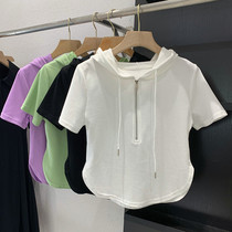 Short Sleeve Tandem Hat T-shirt Woman 2022 Summer New Body Slim Fit Slim Zip Casual Sports Wind Blouse Cardiovert
