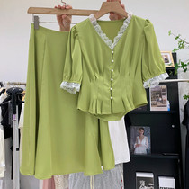 Short sleeve a-shaped skirt two-piece female 2021 summer new slim slim slim drop feeling dress dress dress