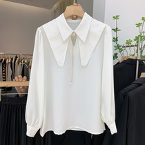Pearl chain shirt woman long sleeve 2022 spring new display slim design sensation little crowdblouse foreign air white shirt