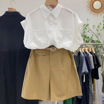Shirt high-waisted shorts two-piece female 2021 summer new slim slim small man tooling casual set