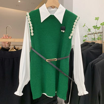 Pearl Cashew Knit Suit Woman 2022 Spring new body Slim Sweater Waistcoat Waistcoat shirt Two sets