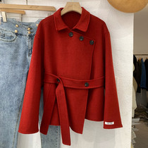 Collection Waist Double Face Cashmere Jacket Woman Short 2021 Winter new body Slim Fit Slim Minor Lace Hooter Jacket