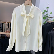 Butterfly knot shirt woman long sleeve 2022 spring new loose slim lace foreign air blouse lace splicing shirt