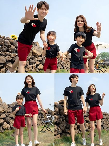 亲子时装亲子装夏装2023新款潮一家三口四口红爱心恤洋气母子母女