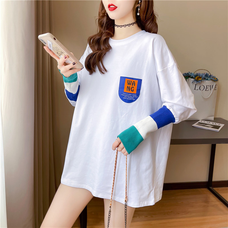 Foreign Pregnancy Maternity clothing online red splicing sleeves with long version of T-shirt female spring and autumn season Ins loose pregnant women's blouses