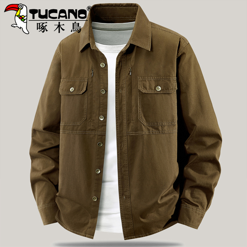Woodpecker Men's Work Shirt Jacket Pure Cotton Lapel Multi-Pocket Loose Casual Long-Sleeve Jacket Men's Top Woodpecker Men's Work Shirt Jacket Pure Cotton Lapel Multi-Pocket Loose Casual Long-Sleeve Jacket Men's Top