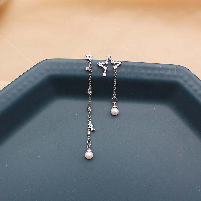 Korean asymmetrical long - edition star pearl ear loop 925 pure silver ear needle without pain - proof allergies