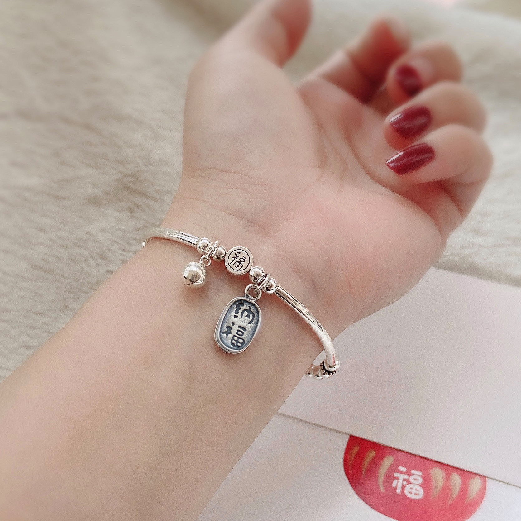 Pure silver handmade woman Tai silver retro handstring transfer Pearl Fortune Chaeena Fuffle Bell String Beads Bracelet 2022 Gift