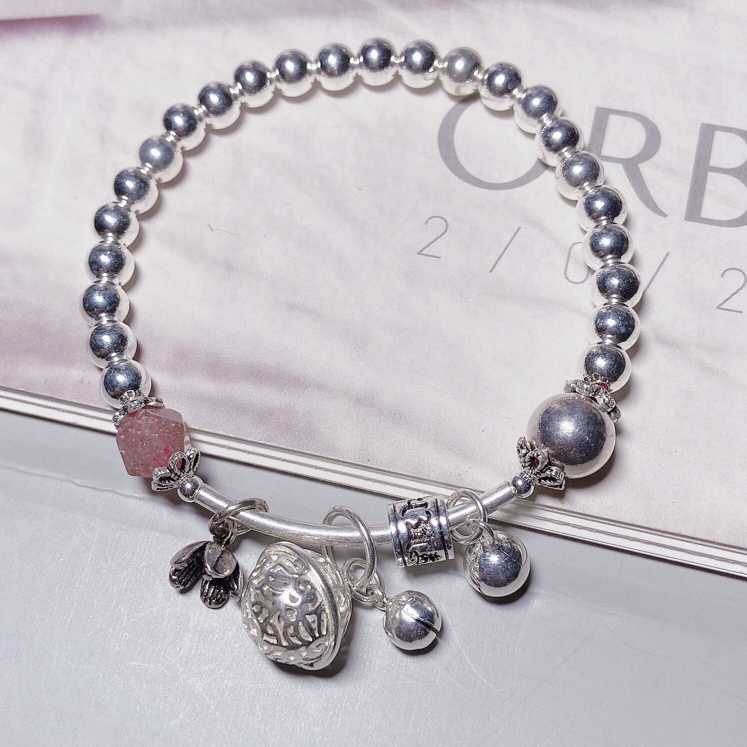 S925 Omiya Bell Sterling Silver Bracelet Female Flower Natural Strawberry Crystal Retro Ethnic Wind Bell Doudou Bead 2023